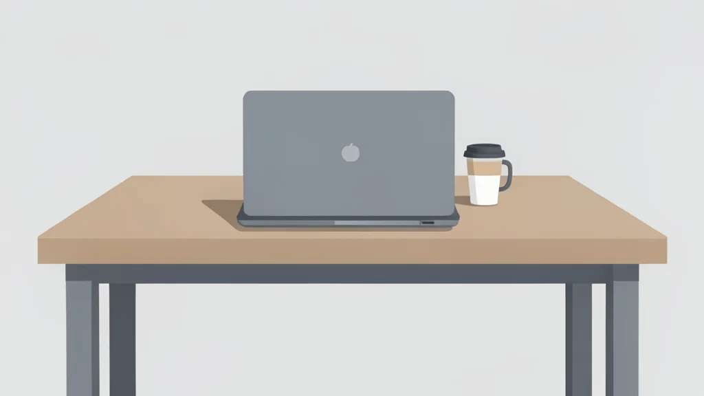 A minimalist flat vector illustration of a modern office desk featuring a closed laptop and a simple coffee cup.