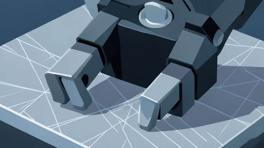 A flat vector illustration of a robotic arm with articulated joints and a gripper hand resting on a workbench.