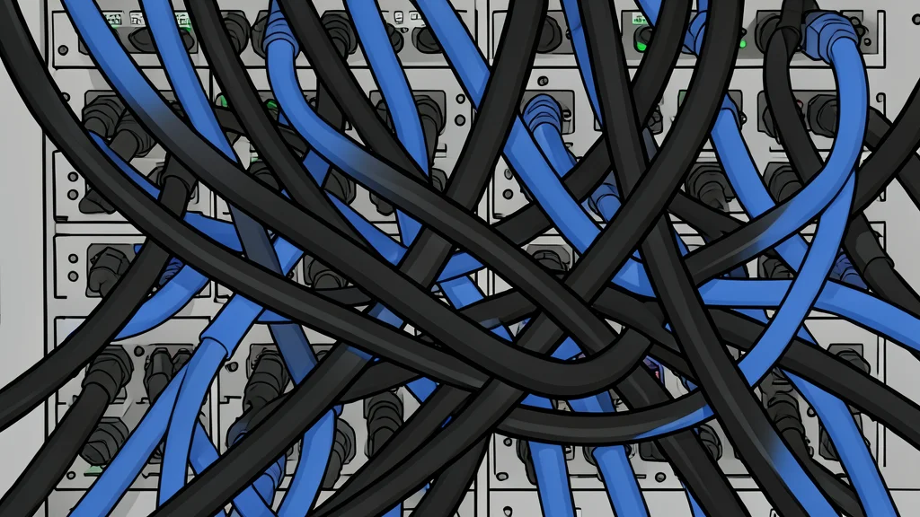 A complex network of glowing fiber optic cables connecting server racks in a dimly lit room