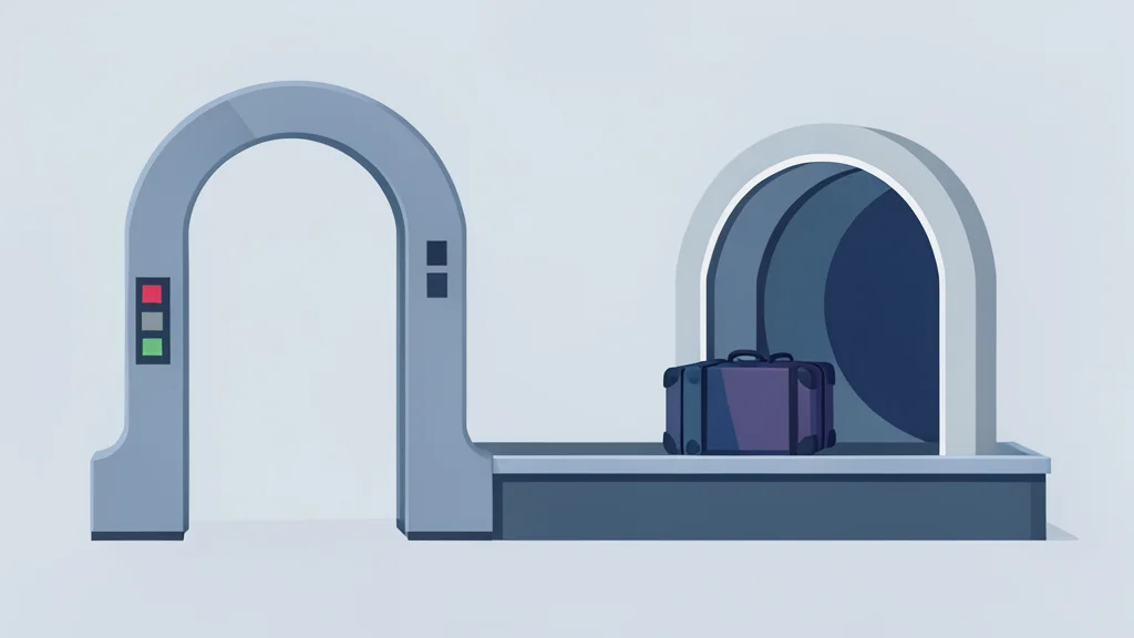 A modern airport security checkpoint with metal detectors and X-ray scanners