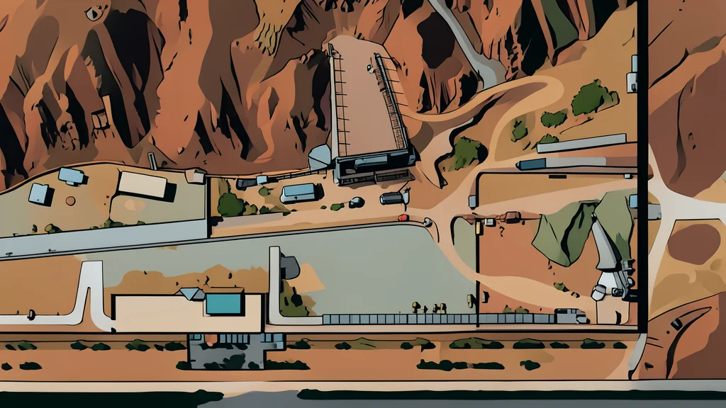A large fortified concrete bunker entrance set into a rocky hillside, surrounded by heavy construction equipment like cranes and dump trucks.