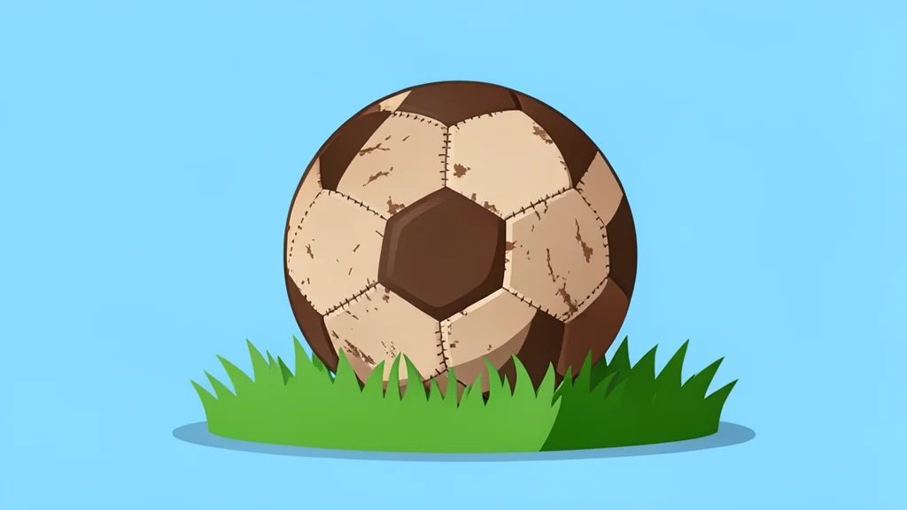 A worn leather soccer ball resting on green grass
