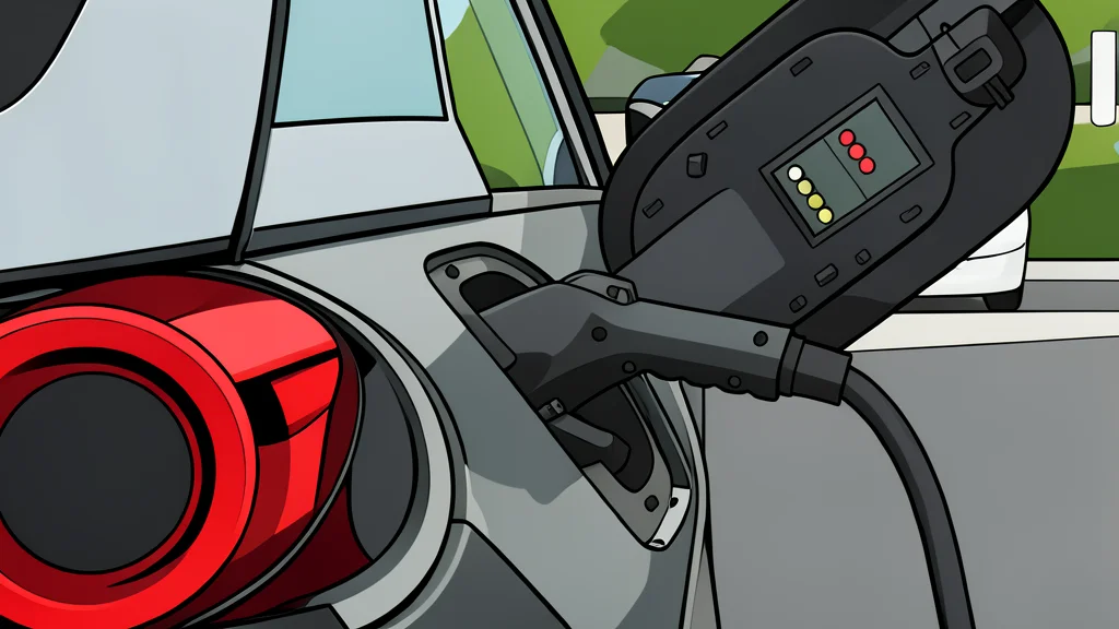 A modern electric vehicle charging station with a cable plugged into a car port, set against a blurred city street background.