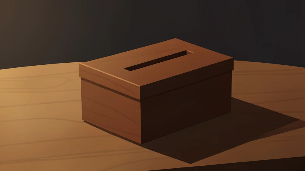 A row of empty wooden ballot boxes sitting on a table in a dimly lit room