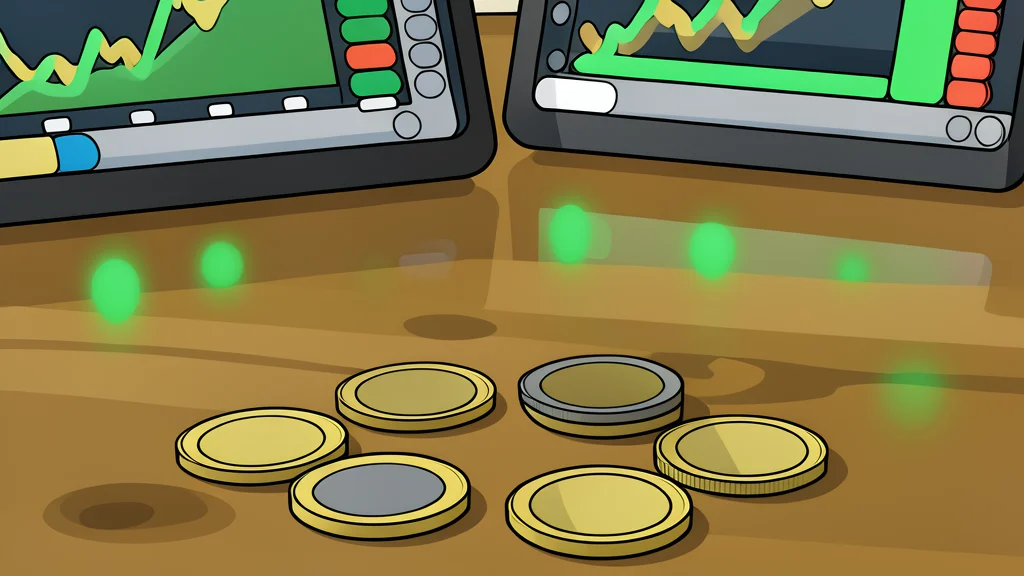 A digital coin resting on a smooth, reflective surface