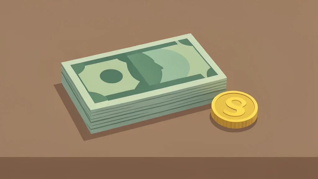 A stack of physical currency bills and a single gold coin on a wooden desk.