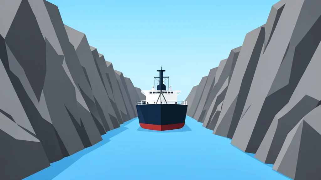 A narrow waterway between rocky cliffs with a large oil tanker navigating through the channel