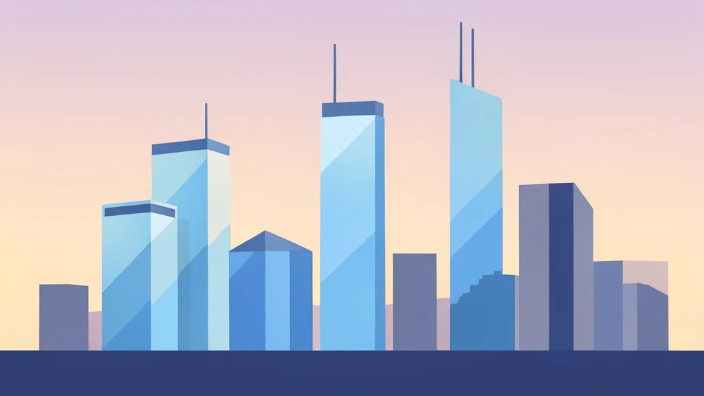 A view of a modern financial district skyline at dawn with glass skyscrapers reflecting the sky