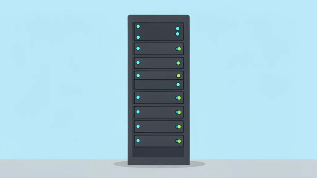 A sleek modern server rack with softly glowing blue and green status lights.
