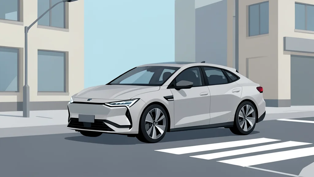 A sleek, modern electric vehicle parked on a quiet city street corner near a pedestrian crossing