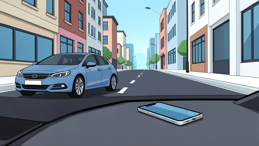 A modern city street with a parked car and a smartphone resting on a dashboard
