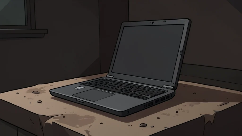 A rugged laptop computer resting on a dusty, uneven surface in a dimly lit room
