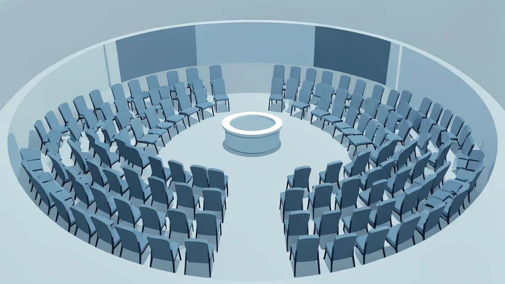 A large, circular assembly hall with rows of empty chairs facing a central podium, bathed in cool, neutral light.