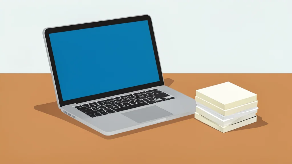 A laptop sits on a desk next to a neat stack of blank physical index cards.
