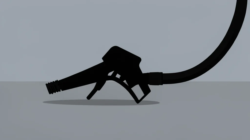 A fuel pump nozzle resting on a concrete surface next to a coiled hose