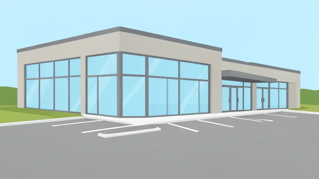 A modern suburban shopping center exterior with glass storefronts and a paved parking lot