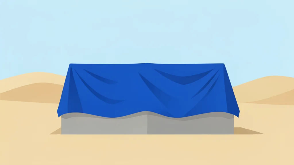 A large blue industrial tarp partially covering a concrete structure in a sandy desert landscape under a clear sky.