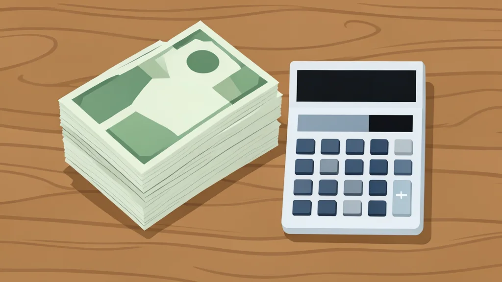 A stack of paper currency and a calculator on a wooden desk