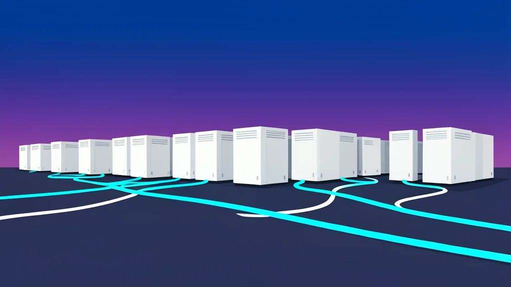 A vast industrial landscape featuring rows of large, white rectangular server buildings under a twilight sky, connected by thick fiber optic cables running along the ground.