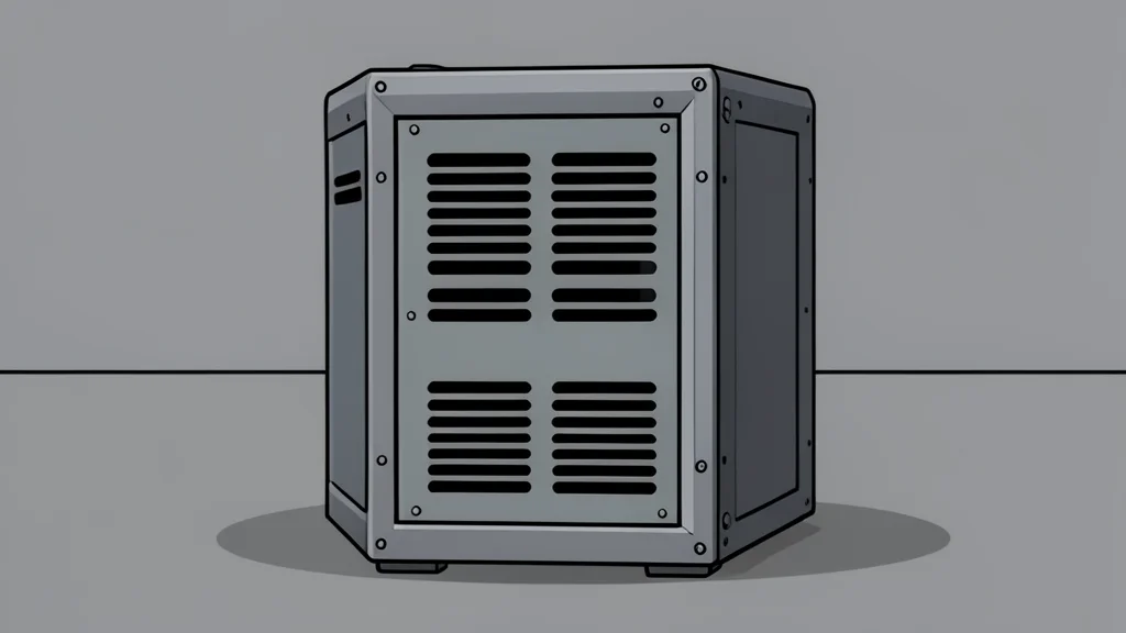 A sturdy metal industrial computer chassis with ventilation slots sitting on a factory floor.