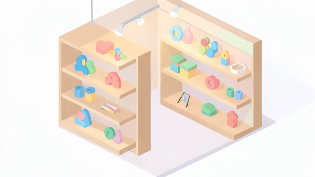 A colorful retail store interior with shelves stocked with small toys and accessories