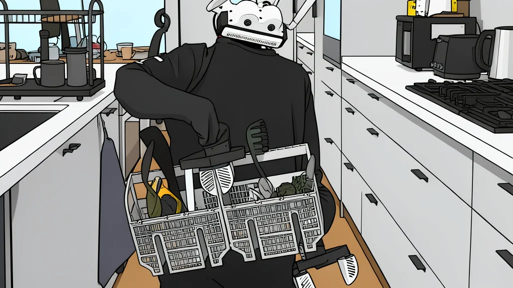 A humanoid robot standing in a modern living room next to a vacuum cleaner
