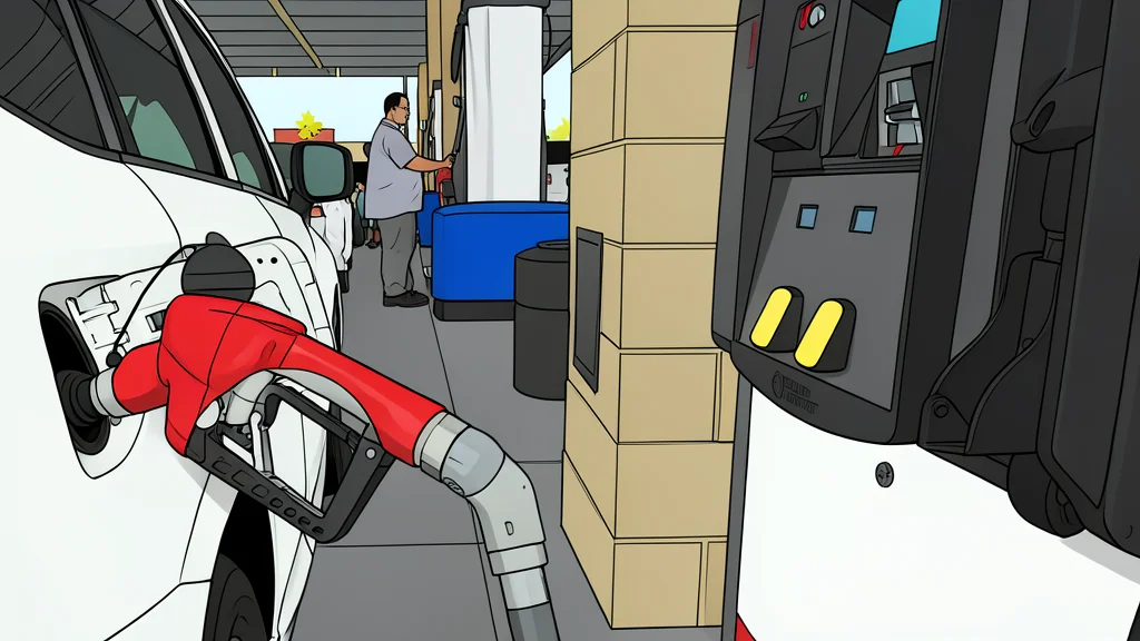 A red fuel pump nozzle resting on a concrete surface next to a yellow gasoline can