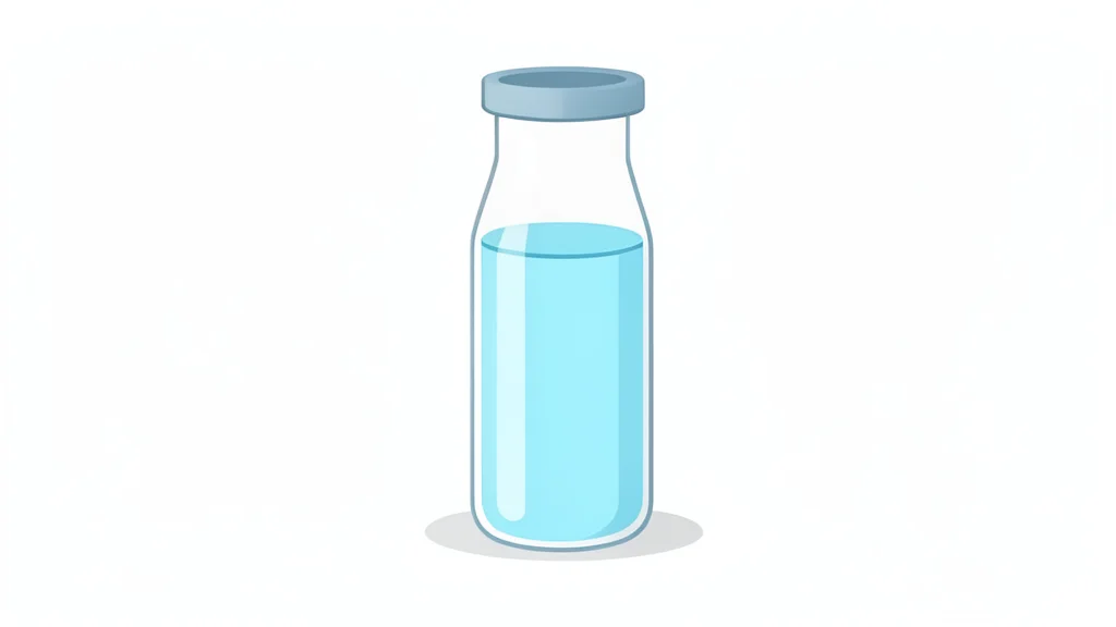 A glass vial containing a clear liquid standing on a white laboratory bench.