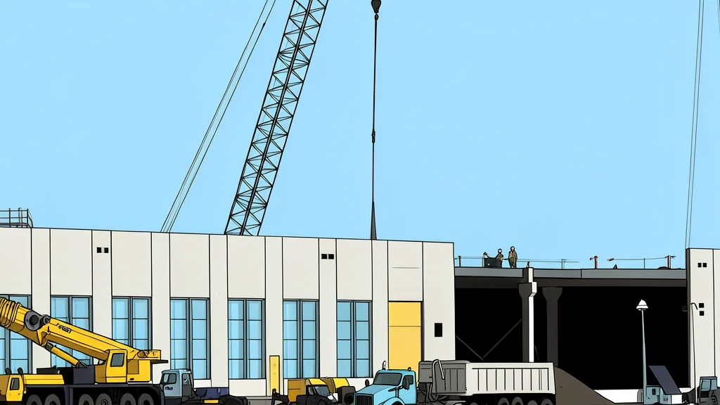 A large industrial cooling tower standing next to a high-voltage electrical transmission line