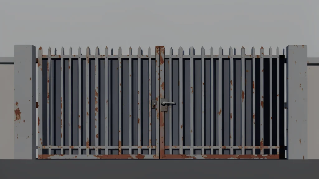 A large, weathered metal gate of a port facility standing against a grey sky