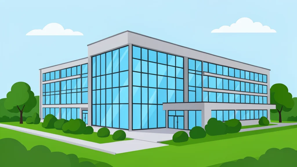 A modern industrial research facility with glass facades and green landscaping