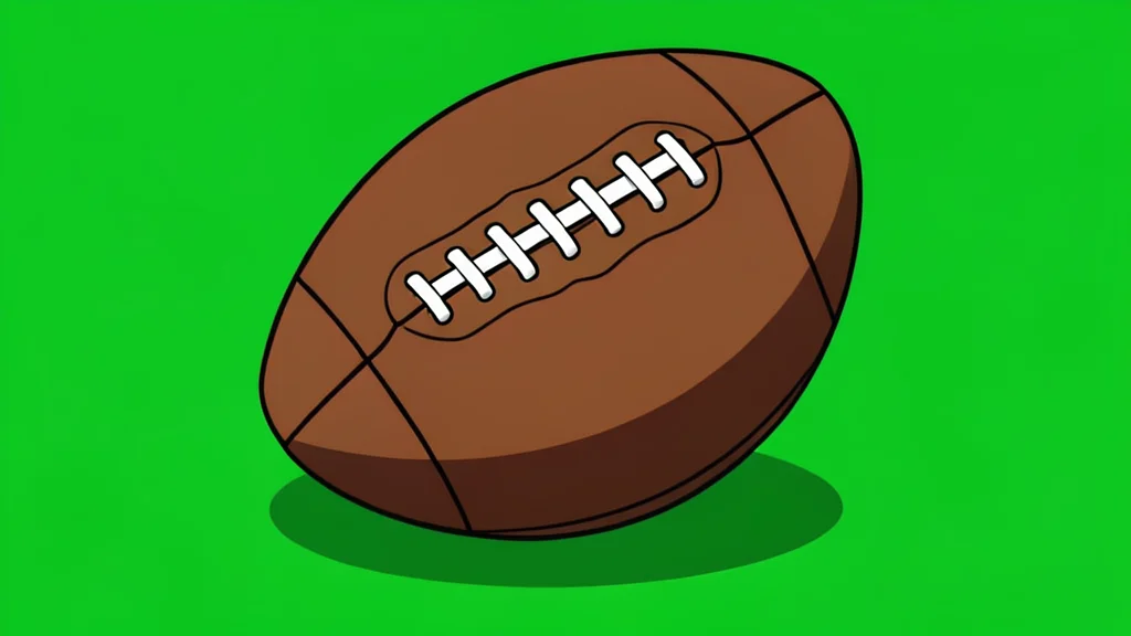 A green football field with white yard lines and a brown leather football resting on the grass