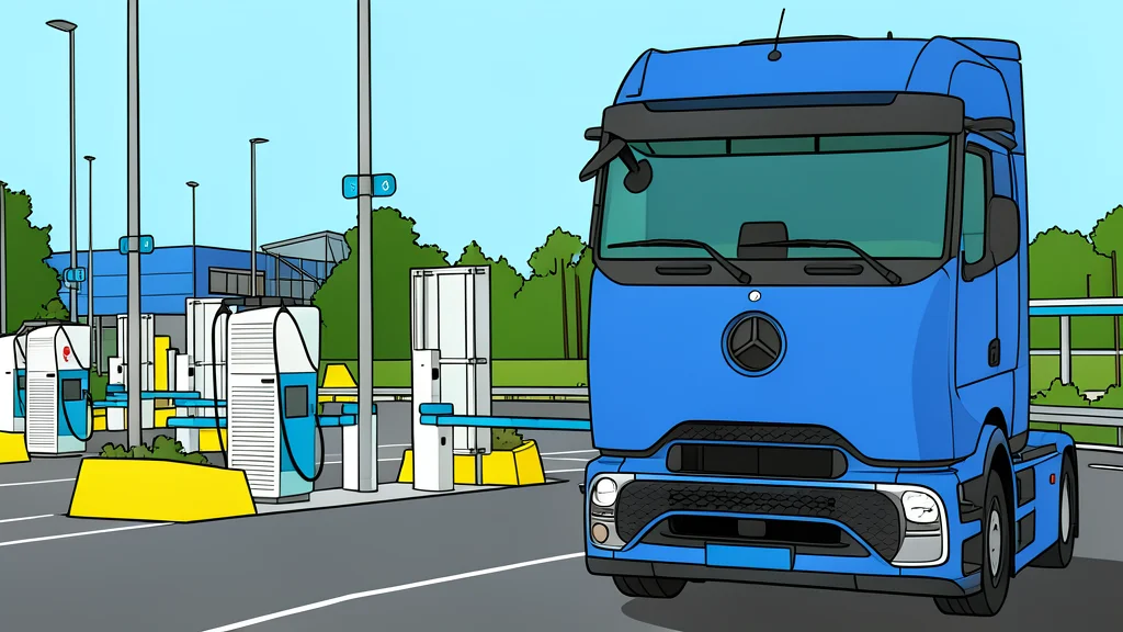 A large electric truck plugged into a high-power charging station in a logistics hub