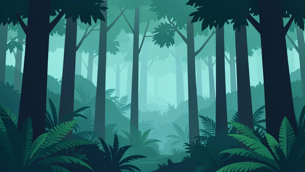 A dense, misty tropical rainforest canopy with tall trees and ferns
