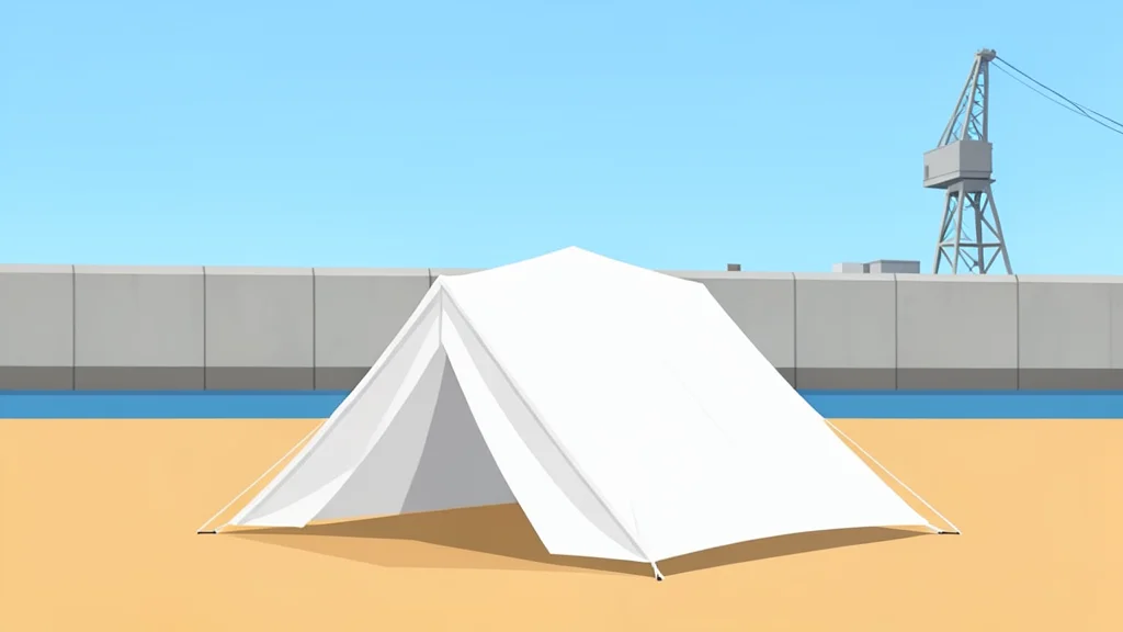 A row of white canvas tents set up on a sandy beach near a harbor.