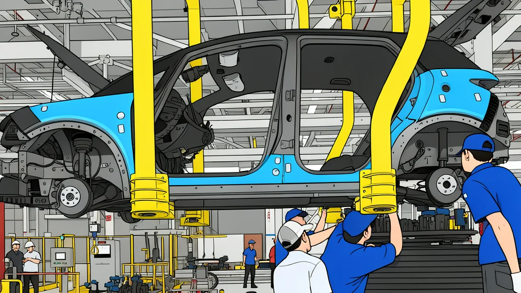 A modern automotive assembly line with robotic arms and vehicle chassis in a factory setting