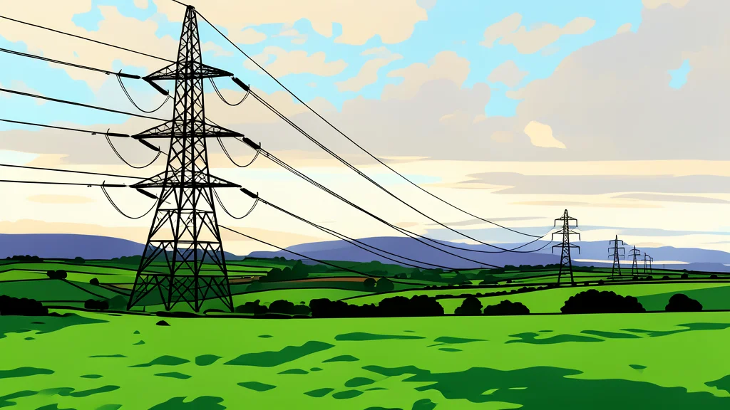 A high-voltage electricity pylon standing in a grassy field under a clear sky