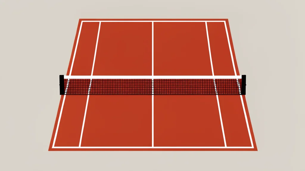 A red clay tennis court with white boundary lines and a net stretched across the center
