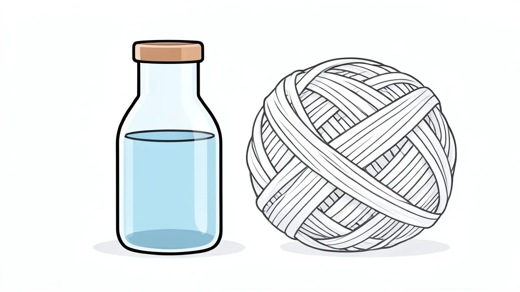 A glass vial of clear liquid stands next to a tangled ball of white yarn on a clean white surface.