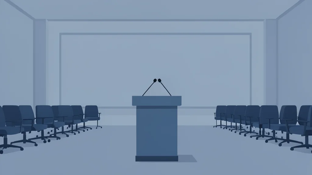 A modern diplomatic podium with a microphone stand in an empty conference hall