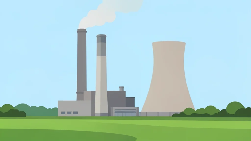 A large industrial facility with tall smokestacks and cooling towers standing in a rural landscape