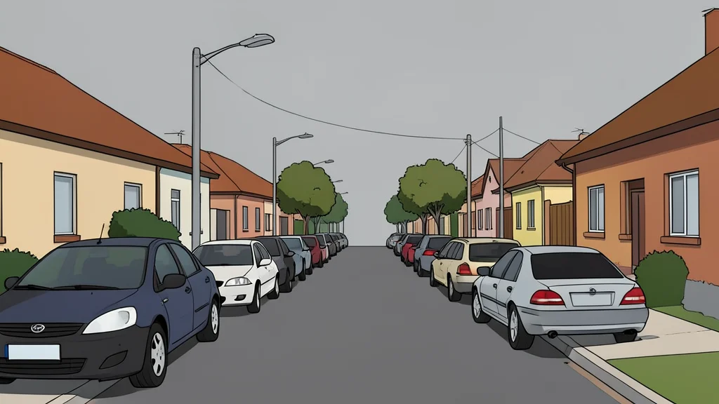A quiet residential street in a South African suburb with parked cars and houses under a grey sky