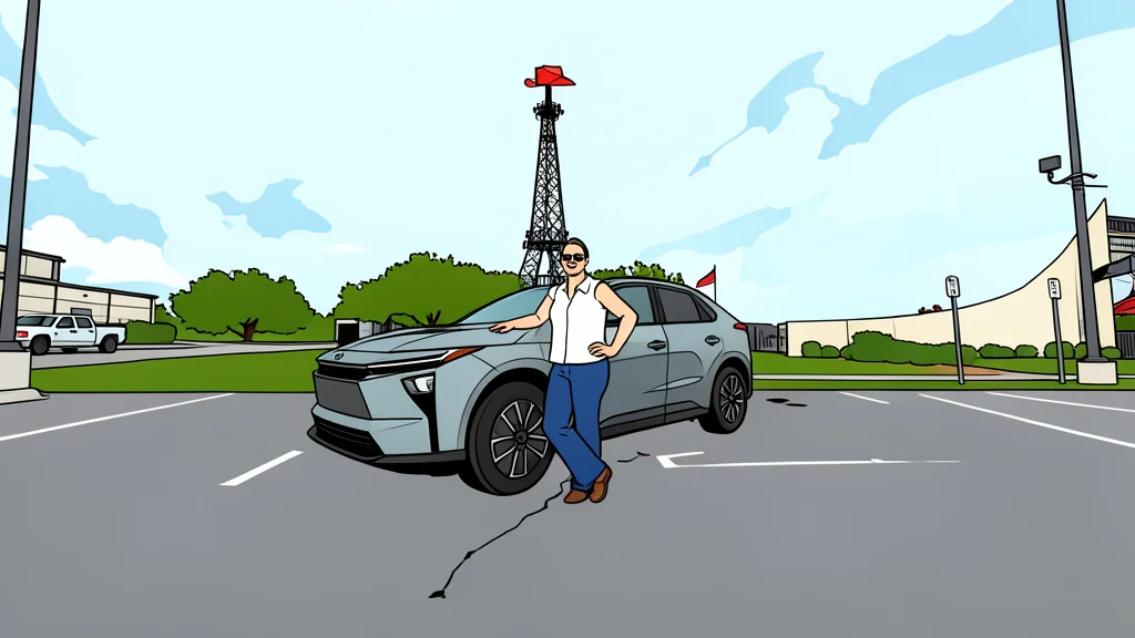 A modern electric vehicle parked on a quiet suburban street with a charging cable connected to the side port