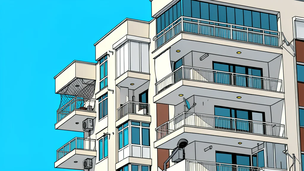 A row of multi-story apartment buildings with balconies and windows, viewed from street level under a clear sky.
