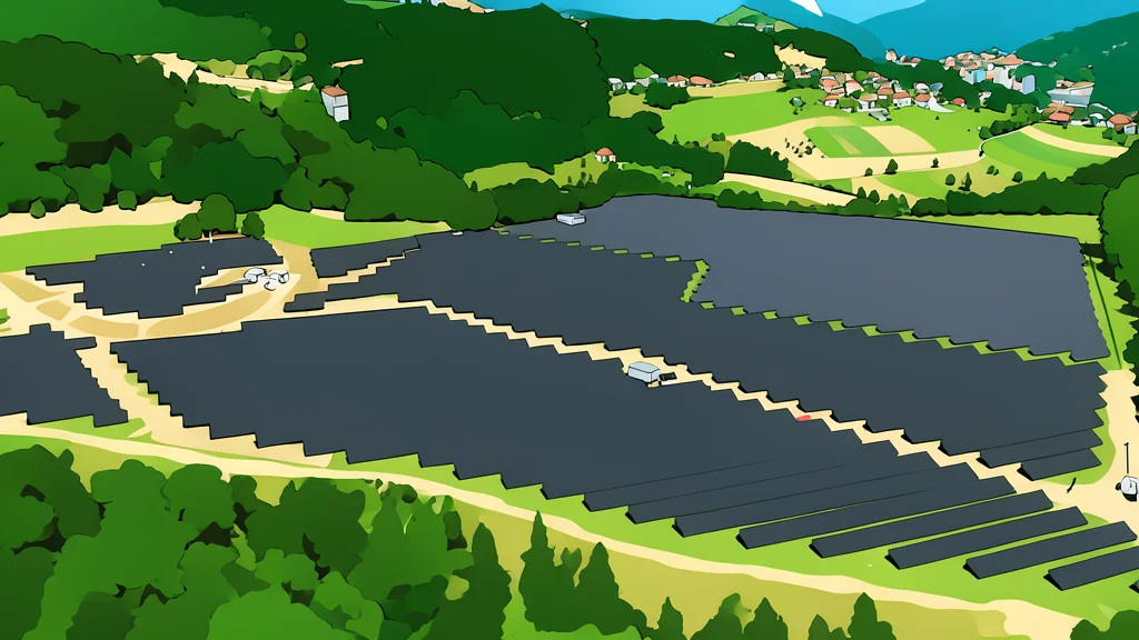A field of dark blue photovoltaic panels arranged in rows on a grassy hillside, with a large white industrial container unit sitting nearby.
