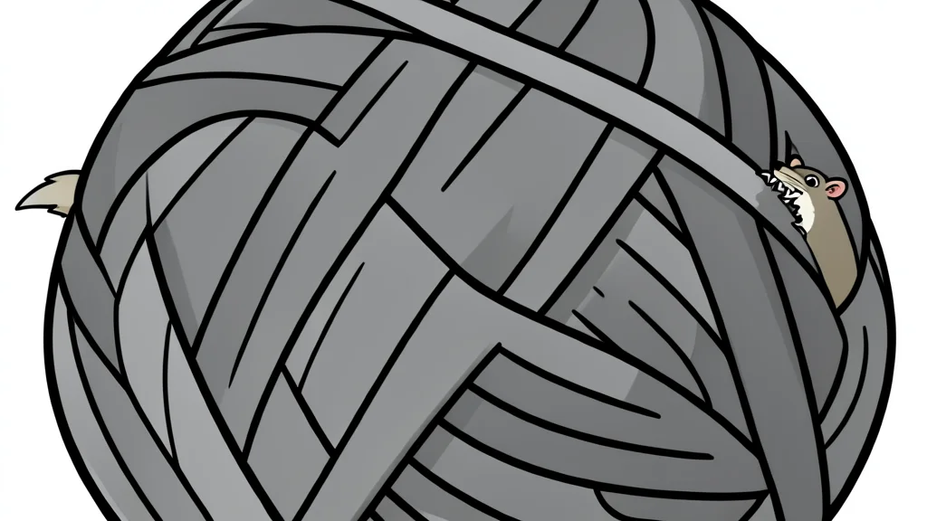 A tangled ball of yarn with a small, sharp-toothed weasel peeking out from behind it