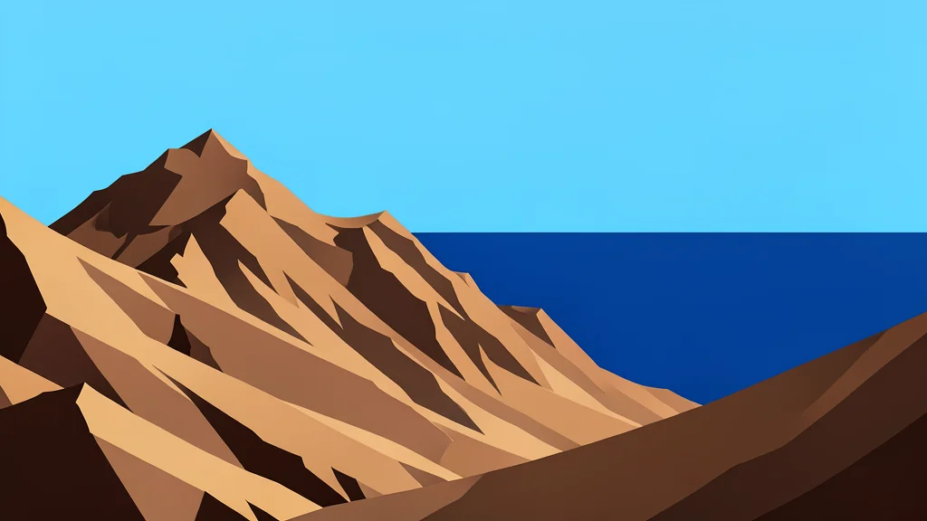 A rugged, arid mountain landscape overlooking a calm, deep blue sea horizon
