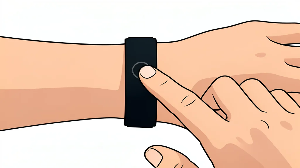A fabric-covered wristband with a smooth, circular metallic interface resting on a wooden surface