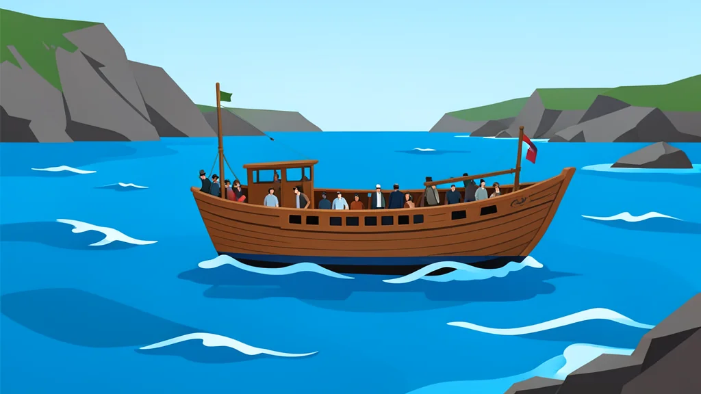 A crowded wooden boat floating on choppy blue sea water near a rocky coastline.