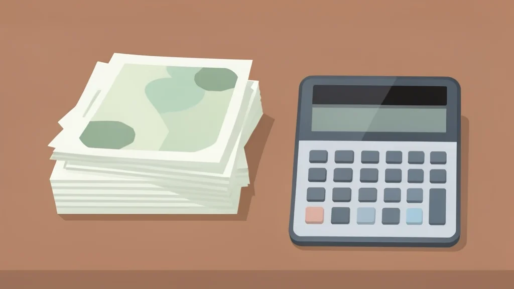 A flat vector illustration of a stack of paper currency and a calculator on a wooden desk.